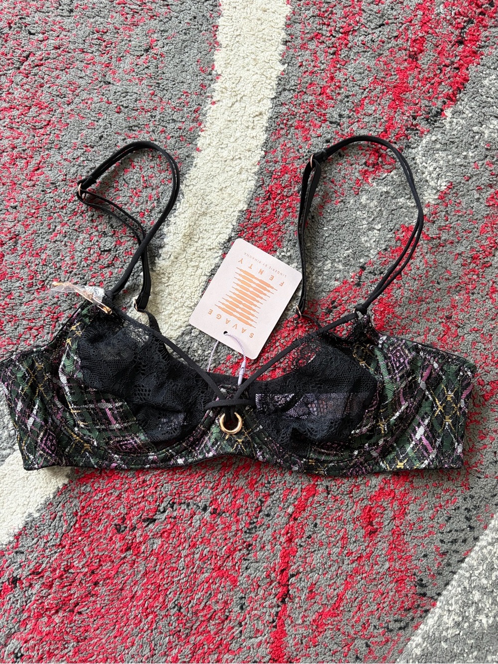 Savage X Fenty Black Lace Plaid Underwire Bralette with Gold Ring